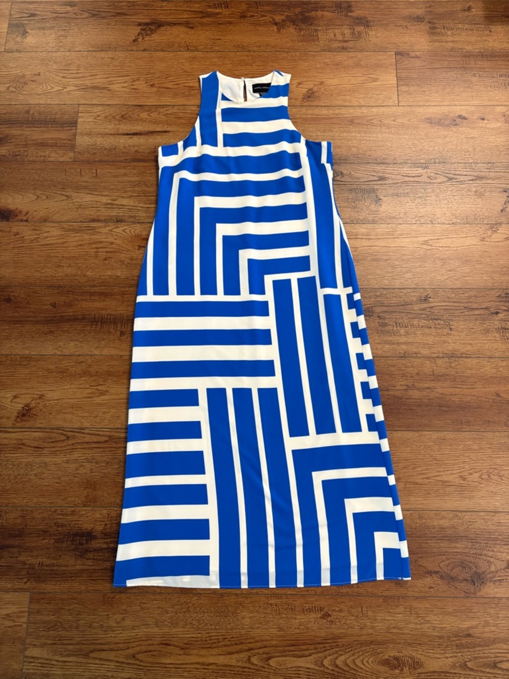 Donna Morgan Blue & White Geometric Maxi Dress • Sleeveless Shift • Size 12